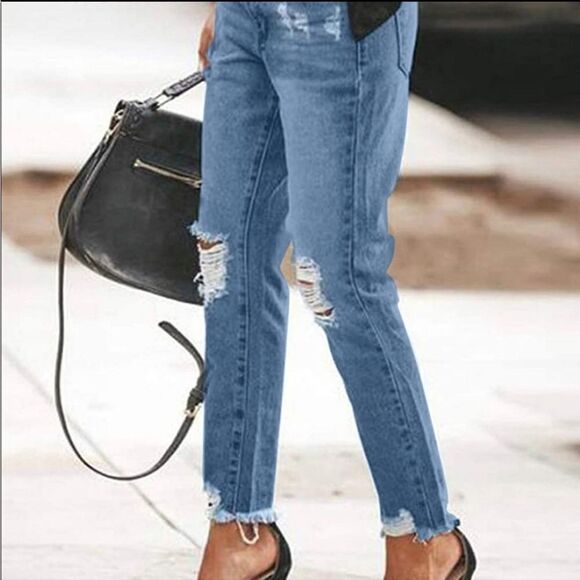 HDLTE Women Ripped Jeans Distressed Boyfriends Jeans Frayed Ankle Skinny… - Picture 1 of 12